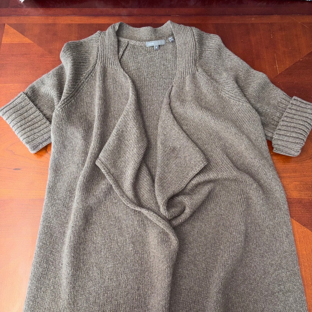 Vince | Taupe Brown | Wool Blend | Open Front Drape Cardigan | Short Sleeve | M - Picture 5 of 10